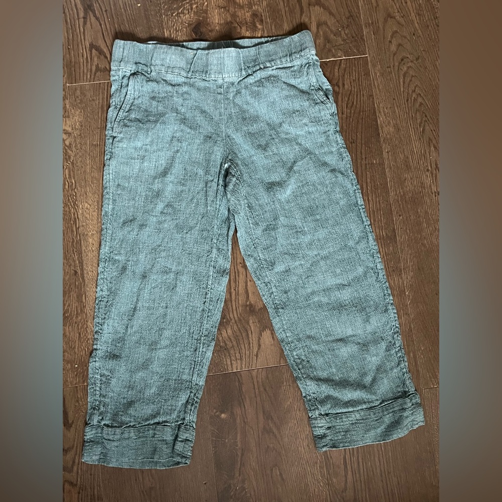PureJill Womens Teal 100% Linen Elastic Waist Side Pockets Cropped Pants